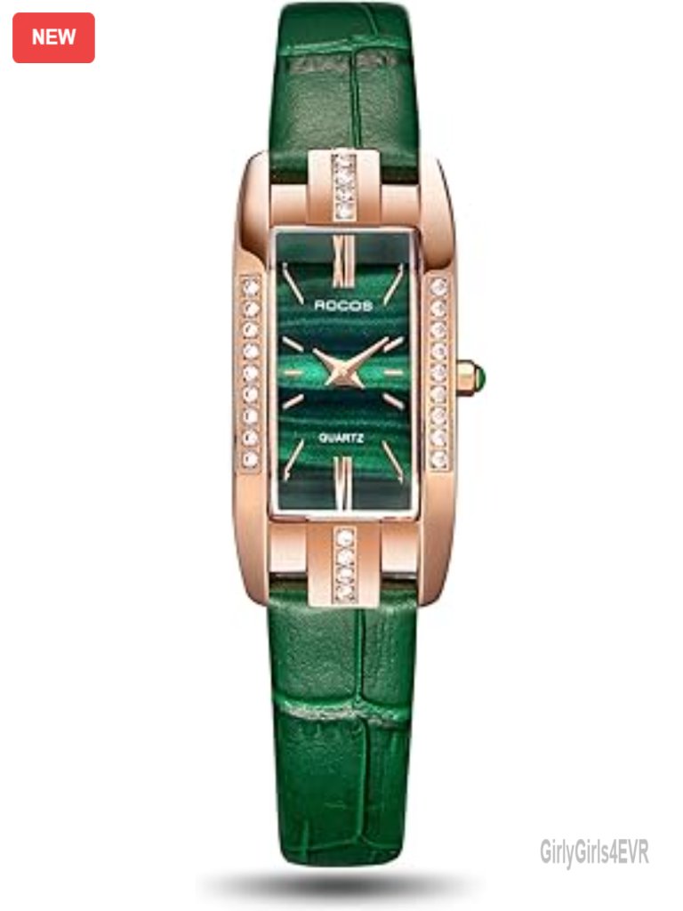 Elegant Women's Square Watch - Rose Gold Case, Green Leather Strap, Quartz